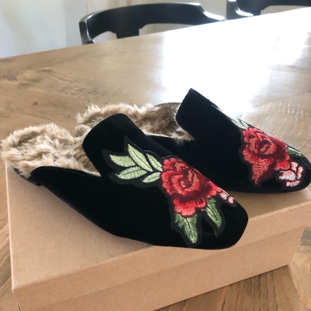 Joie embroidered velvet and fur slip on